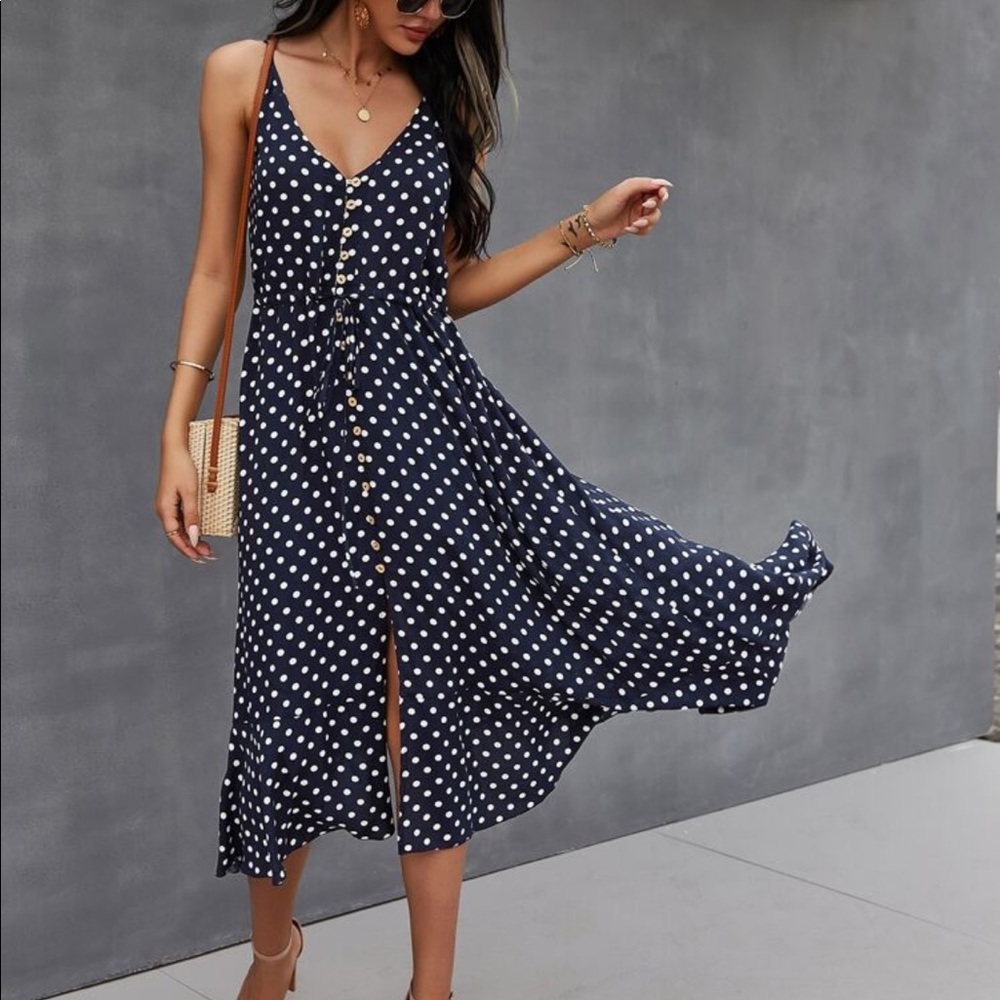 Boho Button Up V Neck Tie Polka Dot Dress BURGUNDY - Picture 7 of 10